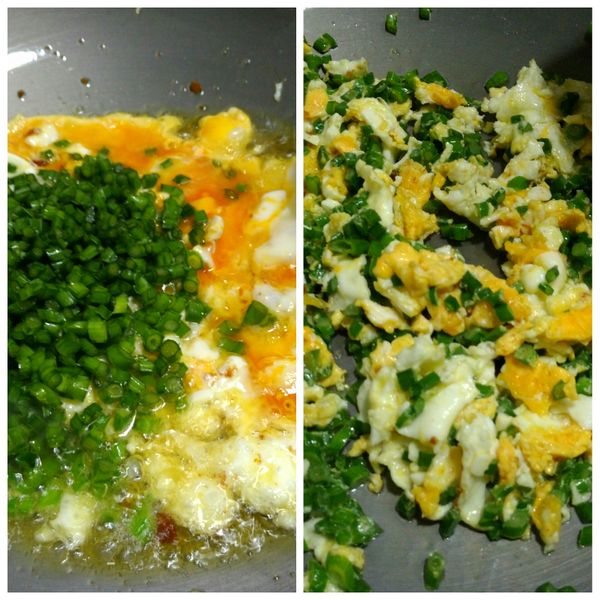 炸過烏魚子的油，來炒蛋加入韭菜丁，拌勻。