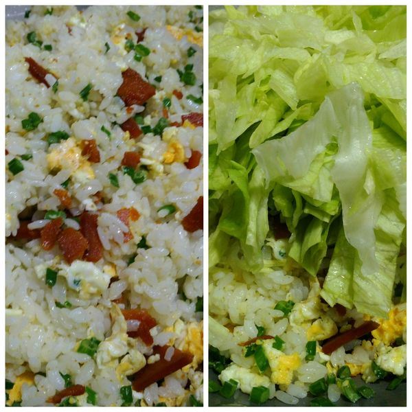 加入烏魚子飯拌勻，再加上美生菜絲，拌勻。