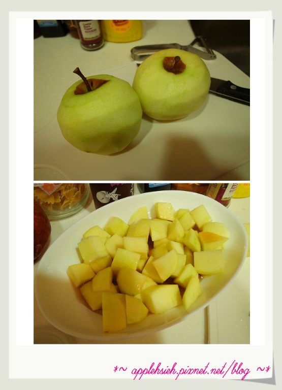 蘋果洗淨候去皮切塊,浸泡些許蜂蜜醋備用