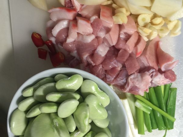 五花肉切塊，青蔥切段、蒜頭切末、辣椒切片、薑切片、馬鈴薯滾刀切塊、紅蘿蔔切片