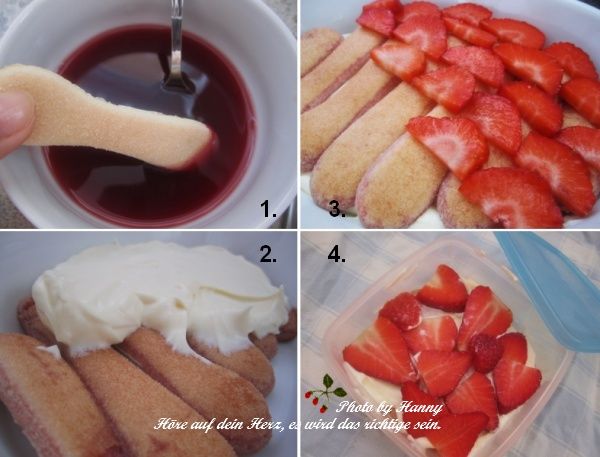 1. 在小碗內道半碗草莓汁約30c.c.和2茶匙蘭姆酒,並把手指餅乾輕輕在碗裡沾濕草莓汁 2. 容器裡(焗烤盤,布丁杯)鋪上以沾濕的手指餅為底,接著軟乳酪層.