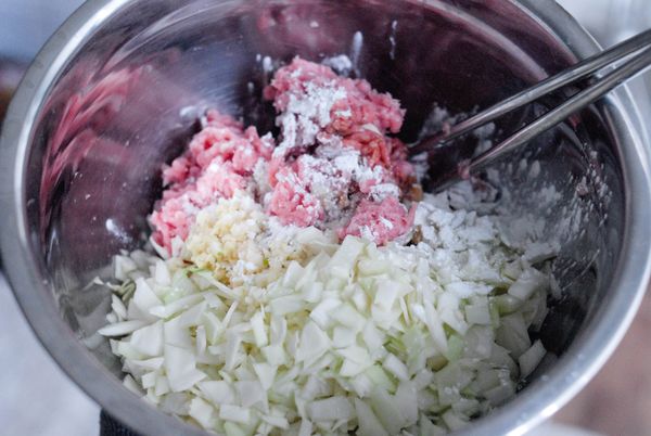 將高麗菜切碎，瀝乾水分，與豬絞肉及所有調味料拌勻。用筷子向同一方向攪拌約一分鐘，用保鮮膜包好，放入冰箱30分鐘