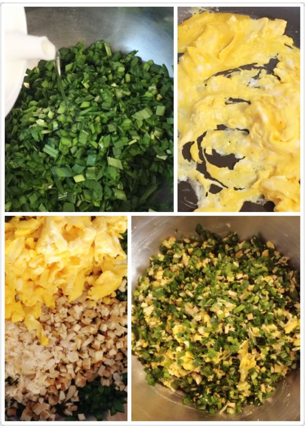 [餡料]1.韭菜切小末拌入食用油。2.雞蛋打散攪拌均勻，入油平底鍋攤劃8字煎成蛋花。3.蝦皮泡開。4.豆乾切小丁。5.整理好的餡料[餡料]加入香油和鹽攪拌調味。 備用。
