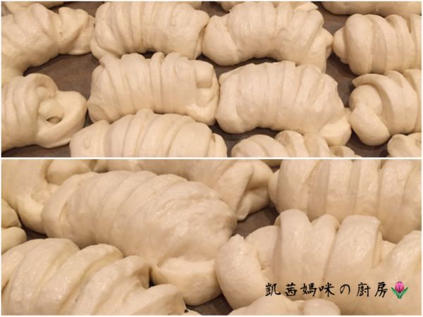 預熱烤箱，溫度在攝氏180度/華氏350度。麵糰發酵完成，小麵糰有兩倍大；烘烤時間25-30分鐘（視各家烤箱而定）；