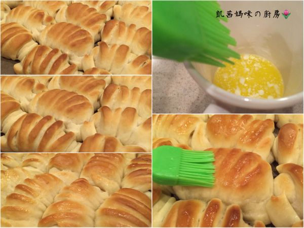 烘烤完成後，麵包刷上溶化的奶油；