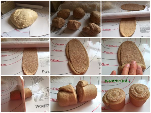 麵糰由冰箱拿出來，回溫1-2小時；開始進行三桿、三折的處理方式。然後整型麵糰、做造型；這是簡易的造型，可蒸出層次分明的黑糖、全麥饅頭。