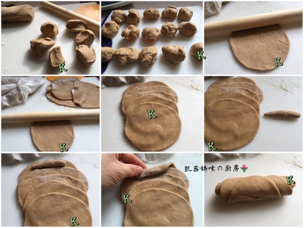 玫瑰花造型：分別將黑糖、全麥麵糰分割小麵糰，每個小麵糰20克重；搓圓、桿平、重疊五片、放軸心、捲起來；