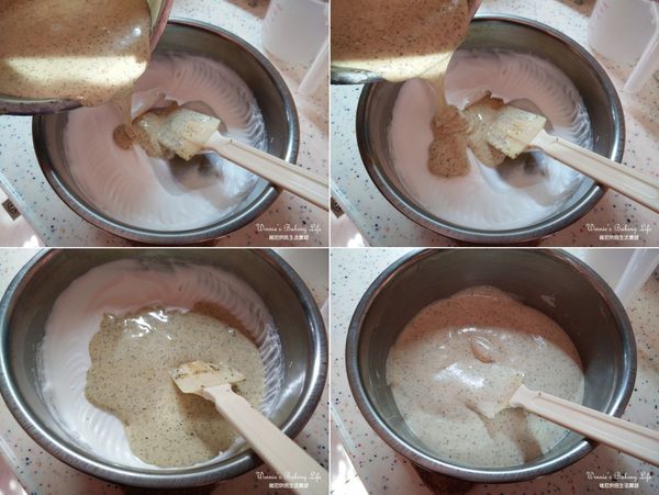 再將拌勻的部份倒入剩下的蛋白霜中，一樣用刮刀輕輕由底部往上混合均勻即為伯爵蛋糕糊

(同樣不要攪拌太用力或過久，免的蛋白消泡)