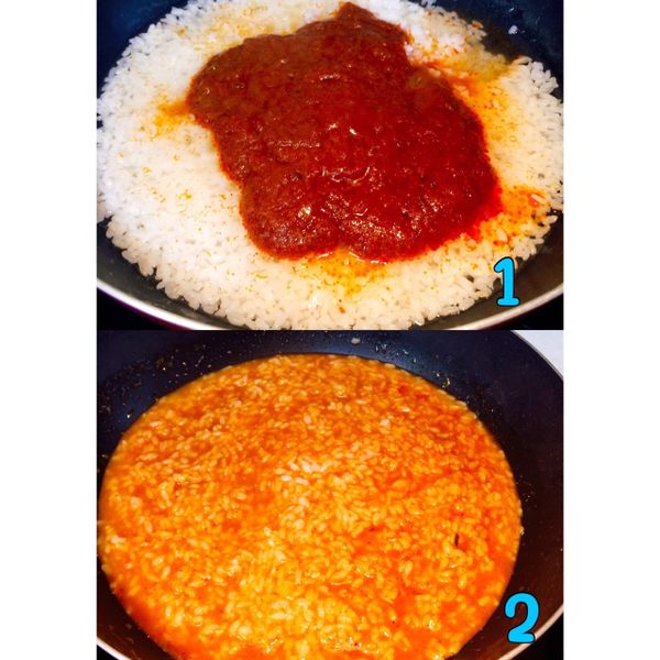 飯煮膨脹後，加入AMOCAN酸辣醬，也加入水，拌勻(中火)