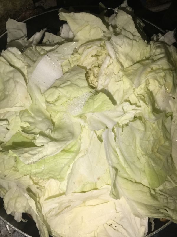 先把較硬的百菜葉先炒一下再下其他葉片，放入塩調，蓋鍋悶煮約5分鐘即可，再翻煮一下就可以了，白菜很容易煮，不要加水，更不宜煮太久，菜葉軟了就可以吃了。