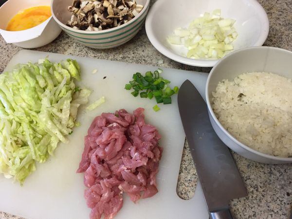 豬肉切絲。蔬菜、洋蔥及青蔥切碎。蛋打散。