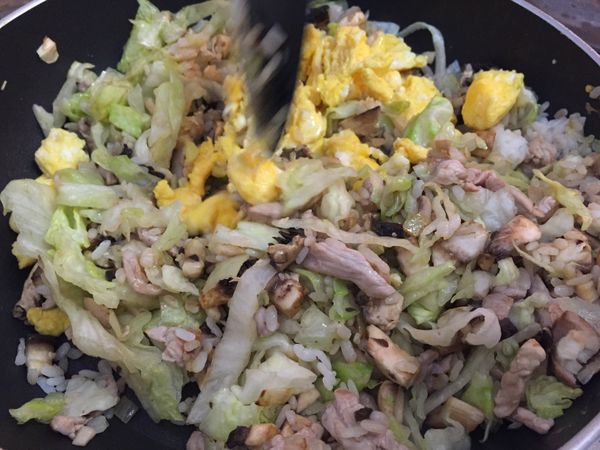 洋蔥爆香，倒入剩飯炒開。
加入肉絲繼續翻炒至變色。
最後加入蔬菜類一起炒，加醬油。
倒入蛋拌炒，起鍋前撒上蔥花。
（依個人喜好加胡椒粉，若覺得不夠鹹也可再加點鹽）