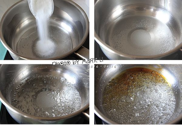 煮焦糖：

取一只小鍋先將水倒入再放進砂糖，
( 切記不要攪拌 ) 並以小火熬煮。

可輕輕晃動鍋子，使糖和水融合
煮焦糖液需要用點耐心
大約十分鐘的時間
至鍋中糖液漸漸濃稠
糖水便會慢慢地全部呈現焦黃色