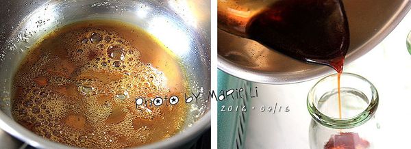 煮好的焦糖液非常濃稠
所以要再加入 10ml 的熱水下去調合
將熱水倒入鍋中時要小心焦糖高溫噴濺
輕輕搖晃鍋子使之調勻後即可熄火
馬上趁熱將焦糖倒入準備蒸布丁的容器中。