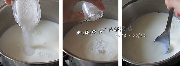 煮布丁液：

將鮮奶、糖、香草粉裝進鍋中拌勻，
以小火煮至糖融化就好 ( 不可煮滾 )。

煮好的鮮奶先放一邊降溫，備用。

※ 鮮奶的溫度切記不能太燙，否則倒進蛋液中後會變成蛋花湯了。