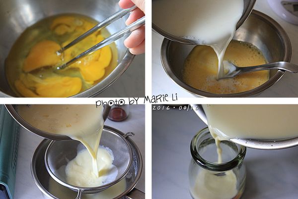 用另一只鍋子把雞蛋完全打勻。
待鮮奶降至微溫不燙手的程度 ( 切記不可超過 40度 C )
慢慢把鮮奶倒進打散的蛋液中拌勻即成布丁液。

使用篩網將布丁液過濾，濾掉打不勻的蛋渣。
把過濾好的布丁液慢慢倒入已經裝有焦糖的容器中。

用錫箔紙蓋住容器開口。