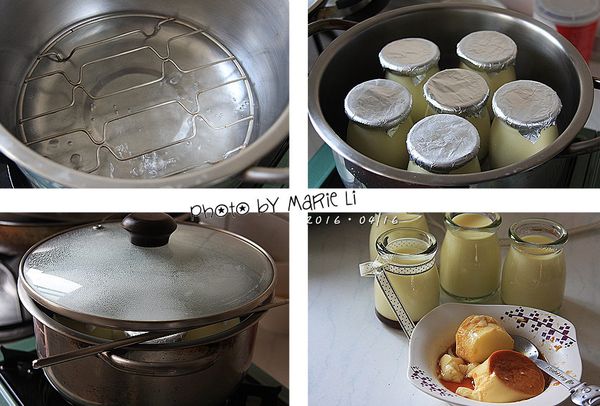 先將蒸鍋中的水煮滾
放進蒸架後再把布丁一一擺放進去
蓋上鍋蓋時記得放一支筷子讓鍋蓋留一條縫
以小火蒸煮約 10~15 分鐘

軟嫩香滑的布丁就這麼完成了。