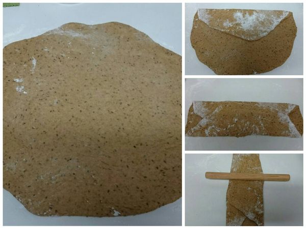 倒出麵團後滾圓，蓋保鮮膜或鍋子鬆弛醒１０分鐘。 
醒好的麵團桿成長形後由短邊往中間三折起來，轉９０度再桿成長形。（即桿平後再三折，重覆３次。）