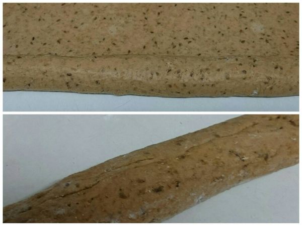 用刮片輔助，由長邊慢慢緊密的包捲起成一長條，最後的收口處粘緊。