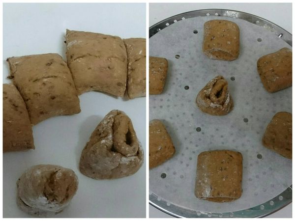 裁掉二端後，依自己所需的寬度平均切好，收口朝下，有間隔地排放在已舖有烘焙紙(饅頭紙)的蒸盤上做發酵至２倍大。（我在鍋子蒸盤下方放了些水，然後開小火加熱到約40~50度左右，再放上蒸盤，蓋上鍋蓋，進行發酵約４０分鐘。）