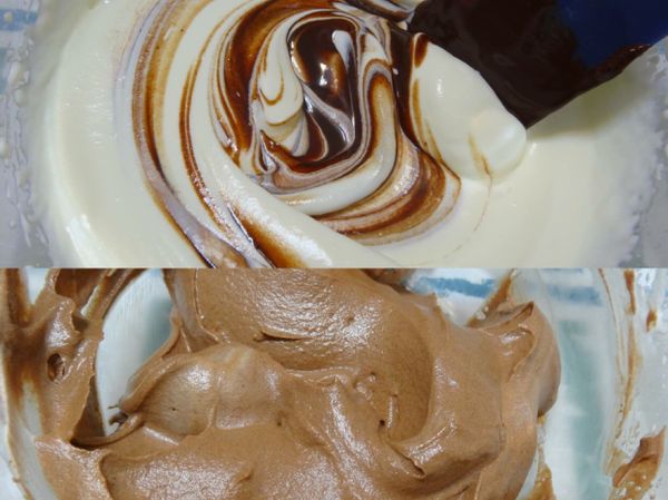 將溫度下降的巧克力液緩慢拌入打發鮮奶油中，拌至均勻即可。