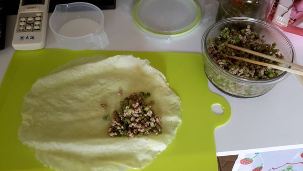 如圖示～取一片皮放上適量內餡，捲成春捲狀（捲潤餅方式！）收口部分抹一點麵粉水黏著開口！