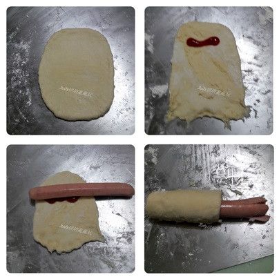休息好的麵團表面灑些手粉避免沾粘，用桿麵棍桿成橢圓形，翻面，麵團上方可塗抹一些蕃茄醬，記住千萬不可放太多，免得蕃茄醬爆醬。放上一支熱狗，熱狗一邊對齊麵團的邊，由上往下捲起，再將凸出外面的熱狗用剪刀剪2刀成十字狀