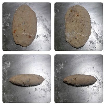 休息好的麵團表面灑些手粉避免沾粘，用手輕拍成長橢圓形然後翻面，再由短向捲起，一邊捲一邊壓一下收口處及2端捏緊成為一個橄欖形，收口朝下間隔整齊放入烤盤中噴些水放烤箱中再發酵至2倍大