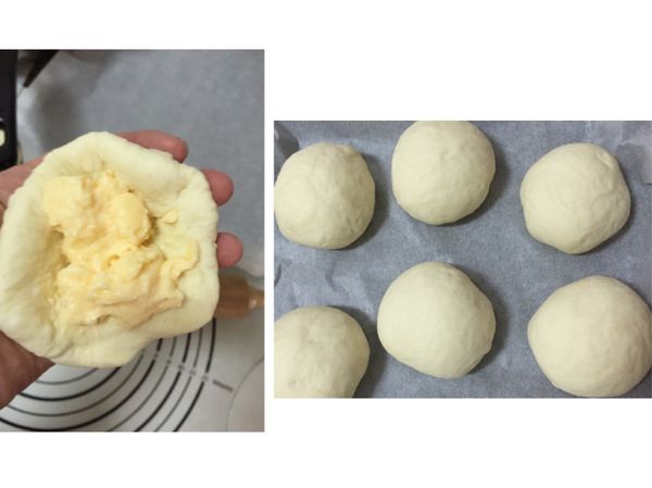 取出鬆弛好的麵團，平均分成6等分，
桿平包入做好的卡士達醬，將收口部分朝下放在鋪了烘焙紙的烤盤上