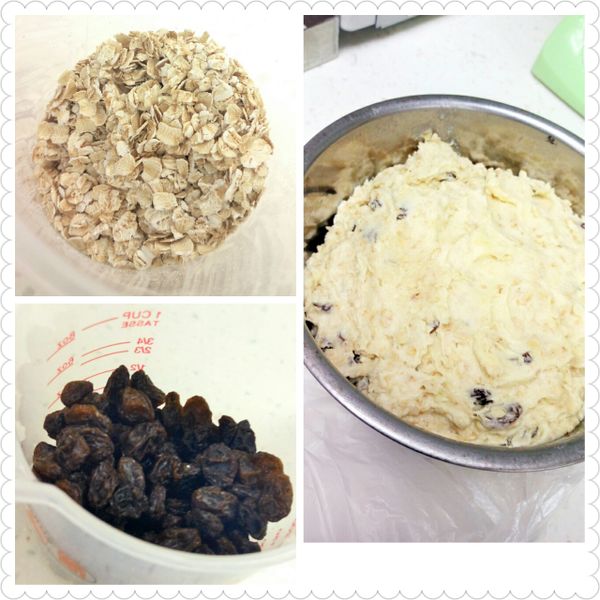 (4).分2-3次次加入少量蛋液，每次須充分混合吸收後再加入蛋液

(5).將鬆餅粉分2~3次加入，每次以切拌壓拌方式混勻

(6).加入葡萄乾(如較硬可先泡水10分鐘，瀝乾)、燕麥片拌勻即可

(7).將麵團冷藏1小時以上(攪拌時會出筋，冷藏鬆弛麵團可使口感更鬆軟)。