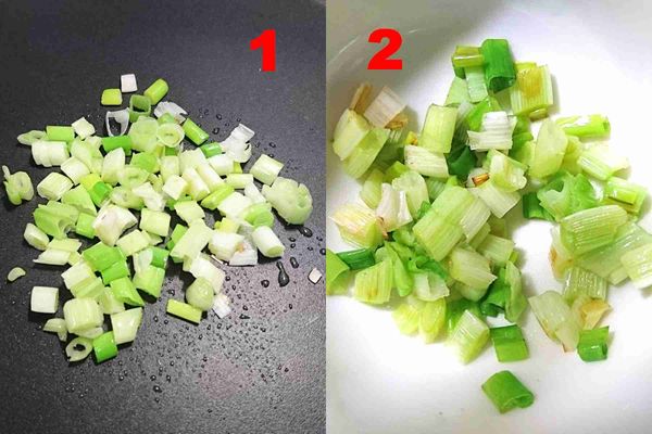 煉葱油：取出平底鍋，倒入少許油，放入葱白，開中火爆香。待聞到葱香時，取出備用。