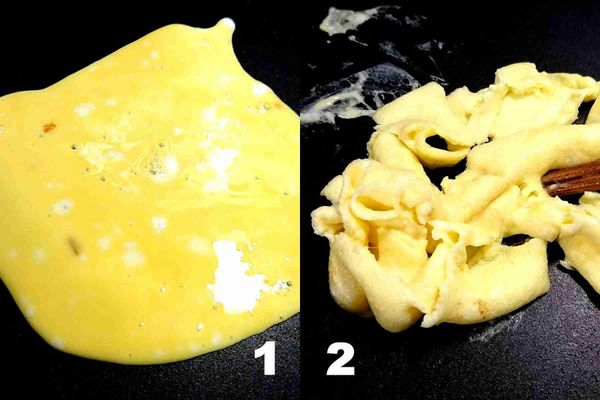 炒蛋：倒入蛋液，待蛋液有點凝固時，用筷子快速攪拌一下。待蛋炒成恰恰（焦香）的狀態時，盛起備用。