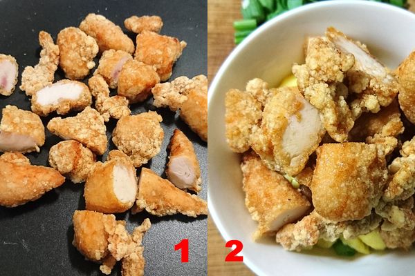 炒鹽酥雞：放入鹽酥雞，待聞到酥香味時，盛起備用。