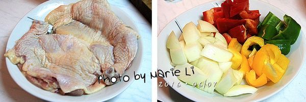 雞腿肉洗淨，抹上一點鹽和米酒
洋蔥、青椒、甜椒分別切成塊狀備用。