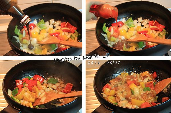 將鍋中鮮蔬炒至七分熟後
加入素濠油、甜辣醬、糖和半杯水下鍋拌炒開來
最後再倒入煎好的雞腿塊下鍋拌勻即可。