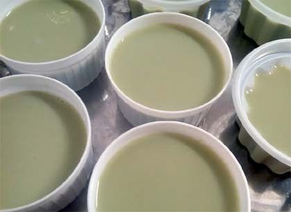 趁熱將抹茶煉乳液慢慢倒入步驟(3)中，邊倒邊拌勻，再分裝至布丁模中，冷卻後即可移入冷藏保存