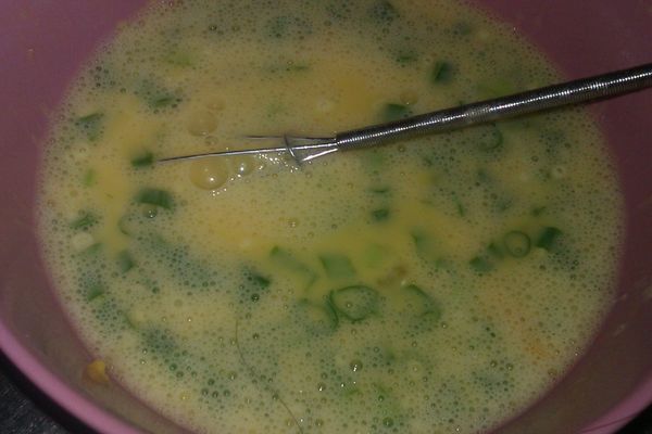 雞蛋５顆全部打入盆中,並把蔥花加入蛋液裡,倒入麵粉水與太白粉水攪拌器攪拌一下