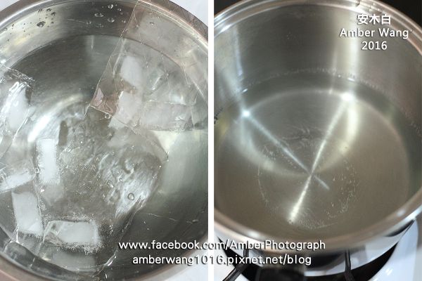 吉利丁片，一片一片分開泡在冰塊水中，讓它軟化(左圖)。鍋中加入200C.C水，放入1.5大匙白砂糖煮開後轉小火，將已泡軟的吉利丁片，撈起擠乾後放入鍋中，邊攪拌煮到吉利丁片融化後，再煮一會兒即可熄火(右圖)。