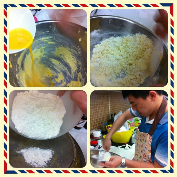 將材料B分次加入步驟①,攪拌至顏色稍變淡並光滑細緻每次分次加入時要快速攪拌並確實攪拌均勻。 將材料C粉類過篩到奶油糊中,用刮刀切拌方式攪拌剩一些粉氣,未成糰