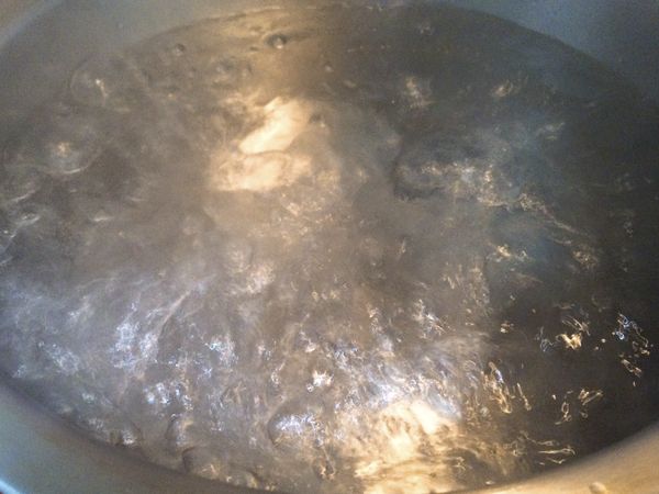 準備一鍋滾水，確定水滾才可以把茄子放入，迅速把茄子倒入鍋中