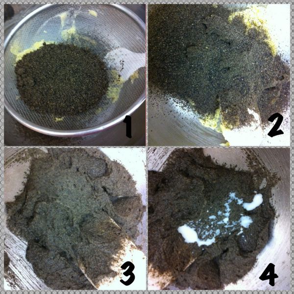粉類過篩至鋼盆與奶油霜用刮刀攪拌,在加入牛奶攪拌至均勻光滑無粉粒即可。