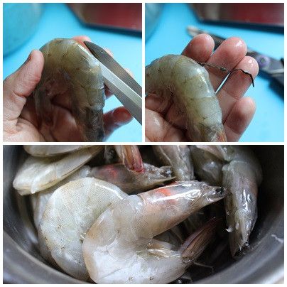 事前處理: 蝦子洗淨，用剪刀在蝦背處剪開，去腸泥備用 
    ** 為了方便食用，我把蝦頭上的尖刺與哩哩叩叩的鬚鬚剪掉