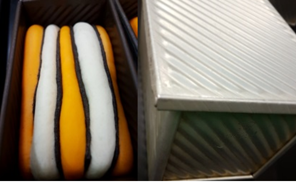 等全部麵糰都堆疊完成，將疊好的麵糰轉90度後放進土司烤模或麵包機烤模中進行最後發酵，室溫下發酵到麵團膨脹至烤模高度8-9分滿。
（吐司烤模加蓋烘烤出為四方形吐司；直接用麵包機內烤模烘烤則為圓頂吐司）　　