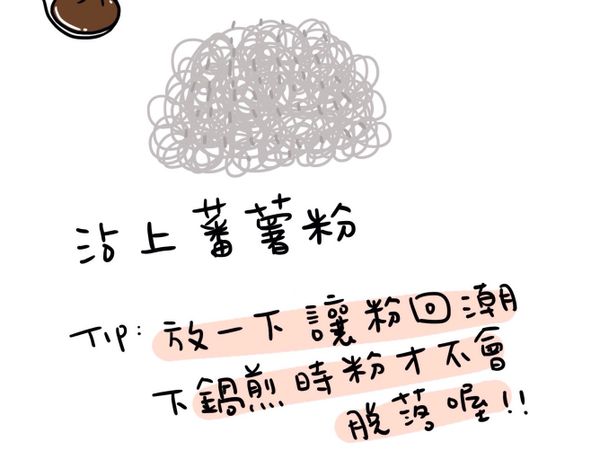 平底鍋加上兩大匙油 煎至兩面金黃即可。
Cover with sweet potato starch 
Deep fry chicken fillets or simply fry those.