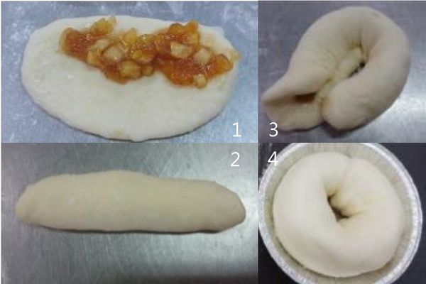 進入整型階段，麵糰稍微拍平，用擀麵棍擀成長條形，鋪上自製蘋果餡約15g，捲起呈長條，將二端接起(外觀類似甜甜圈)，最後將麵糰放入烤模或紙杯中。