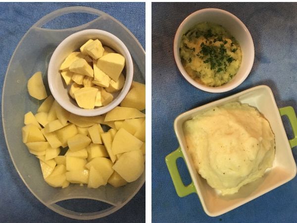 馬玲薯和小地瓜去皮蒸30分鐘，趁熱壓成泥，各自加入調味料備用。
這裡用的馬玲薯泥和地瓜泥都屬偏軟滑嫩口感。