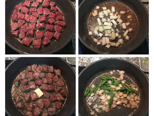 佣剛剛煎蒜片的油直接大火煎牛肉，煎到兩面上色，放入奶油略炒即可起鍋備用。
原鍋放入洋蔥炒開後再放青豆。