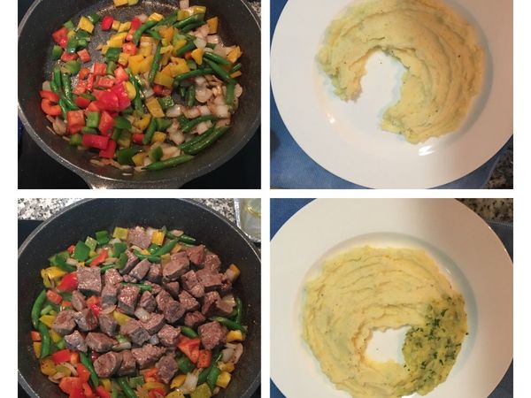 接著青椒大火拌炒幾下後放1/3茶匙鹽和少許黑胡椒粉拌炒。隨即再下牛肉拌炒，試味道後做調整。並離火。
取大盤子用湯匙把馬玲薯泥和地瓜泥分別鋪在外圈。將炒好的料放入中間，儘量疊高，淋上鍋底的湯汁(並不多但味道很好），最後擺上酥脆的蒜頭片。即可上菜！!