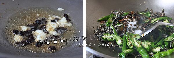 起鍋倒入些許沙拉油
將蒜瓣和豆鼓鮮下鍋爆香後轉中小火
再放進小魚乾翻炒至魚乾微酥
最後放進糯米椒、素蠔油和糖
翻炒均勻後再炒至糯米椒熟了即可。