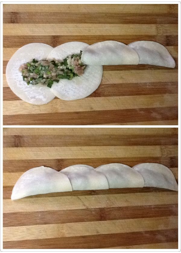 5.玫瑰造型的包法:5c.再將1片1片餃子皮，以半月型的方式包裹起內餡。